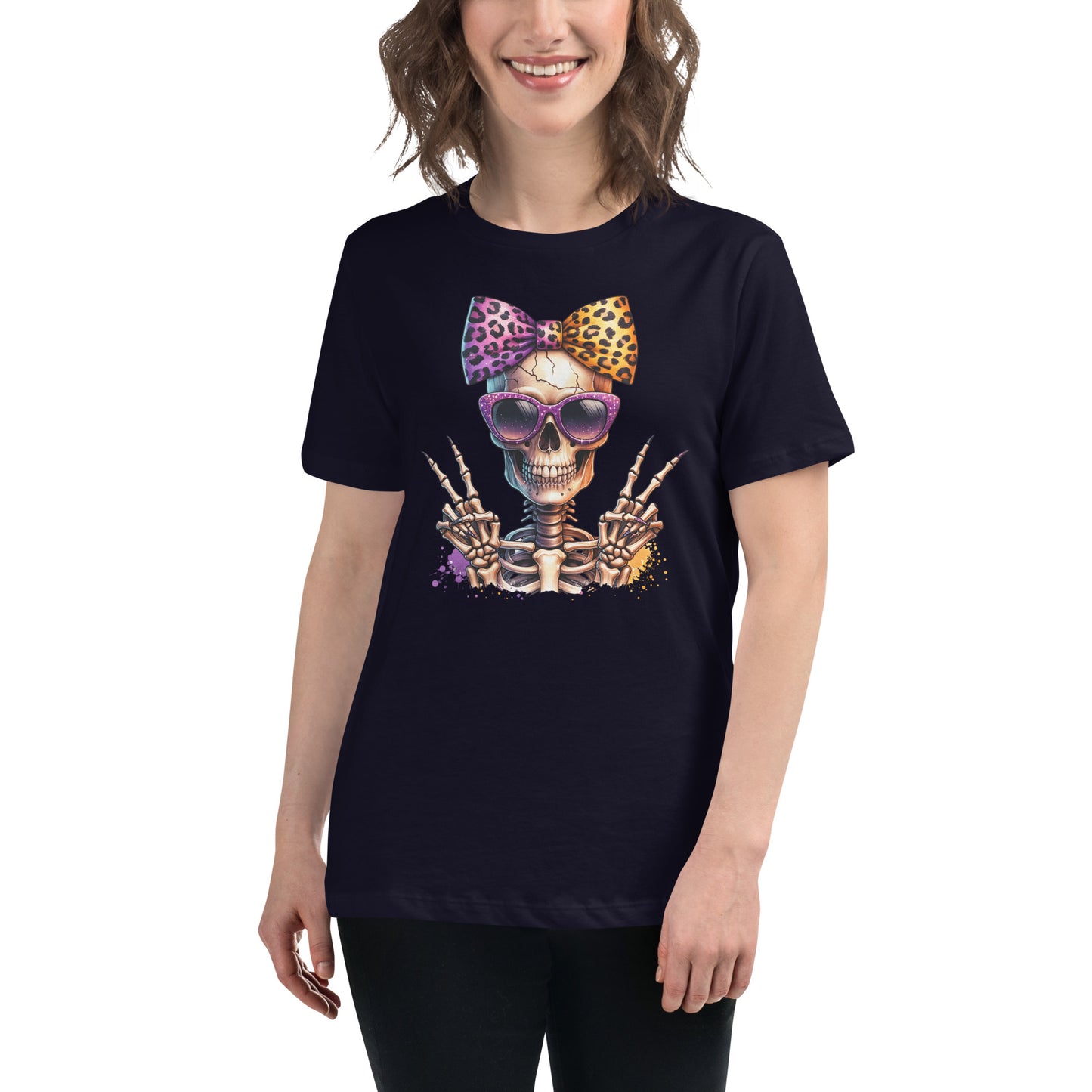 Hipster Purple Bow Skull Women's Relaxed T-Shirt